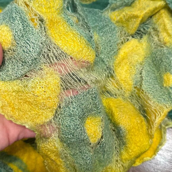 Handmade Nuno Felted Artsy Green Yellow Abstract Fun Scarf 98” x 21” - Picture 6 of 6